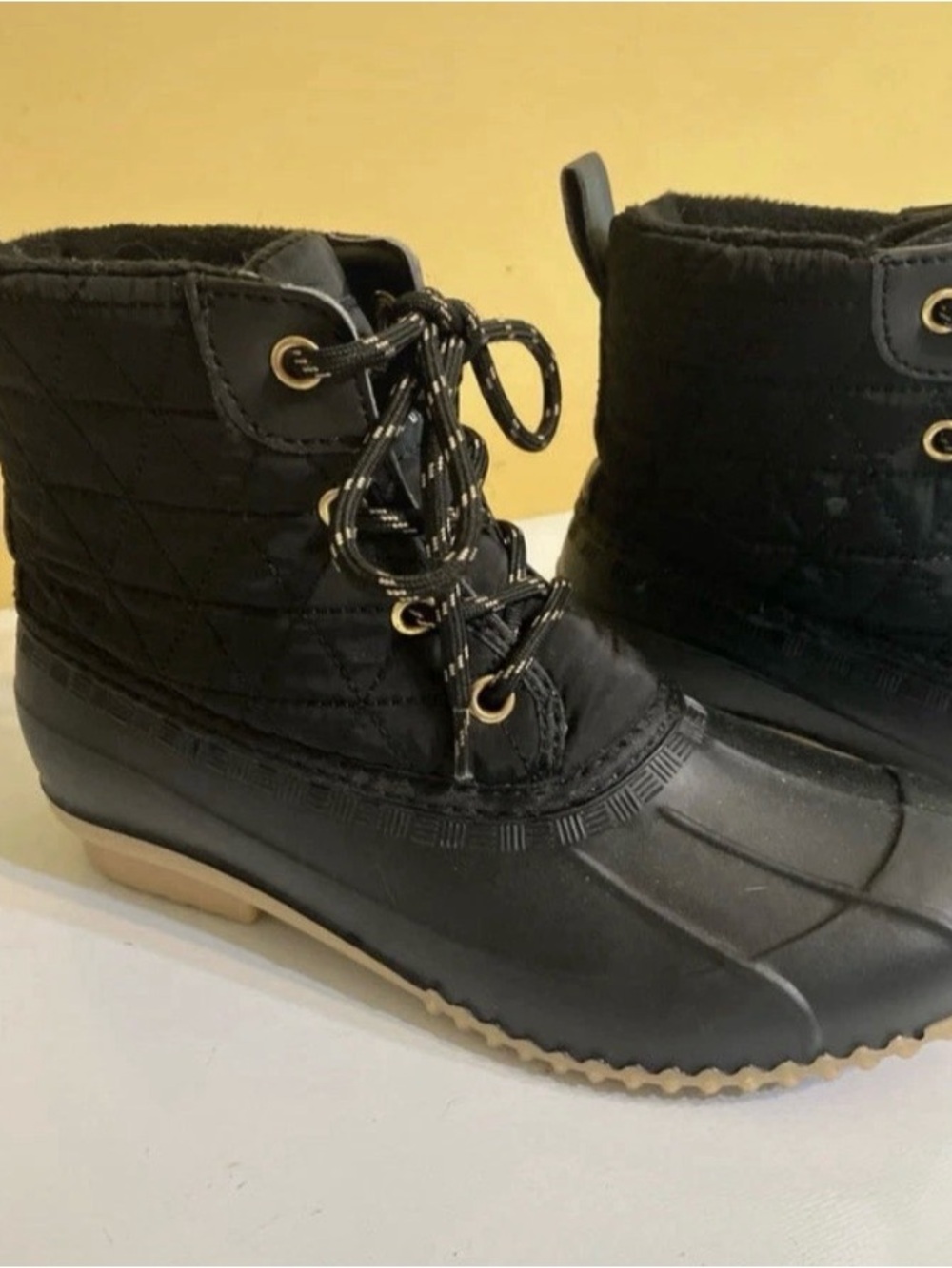 Magellan Outdoors Black Quilted Lace-Up Duck Boots with Tan Sole - Women's